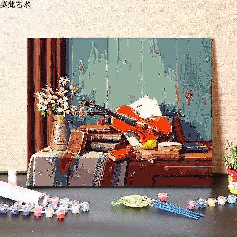 数字油画diy填充手工复古小提琴和鲜花填色彩绘涂色丙烯油彩画画