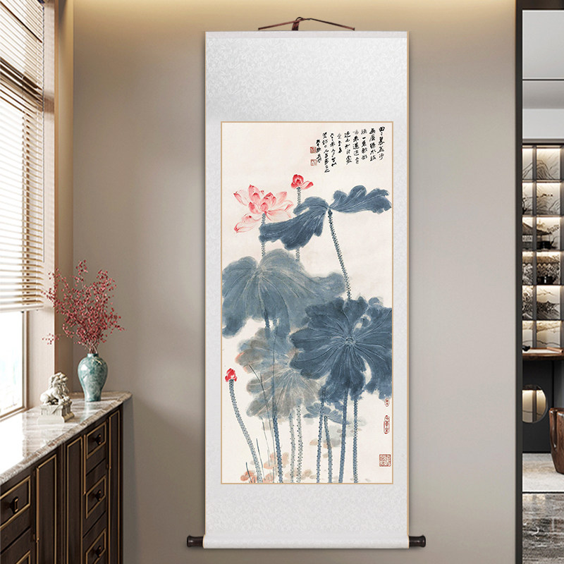 张大千水墨荷花卷轴挂画书房茶室玄关国画中式仿古花鸟客厅装饰画
