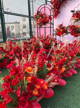 新款婚庆舞台红色系地排花仿真绢花路引花排T台婚礼高端定制花艺