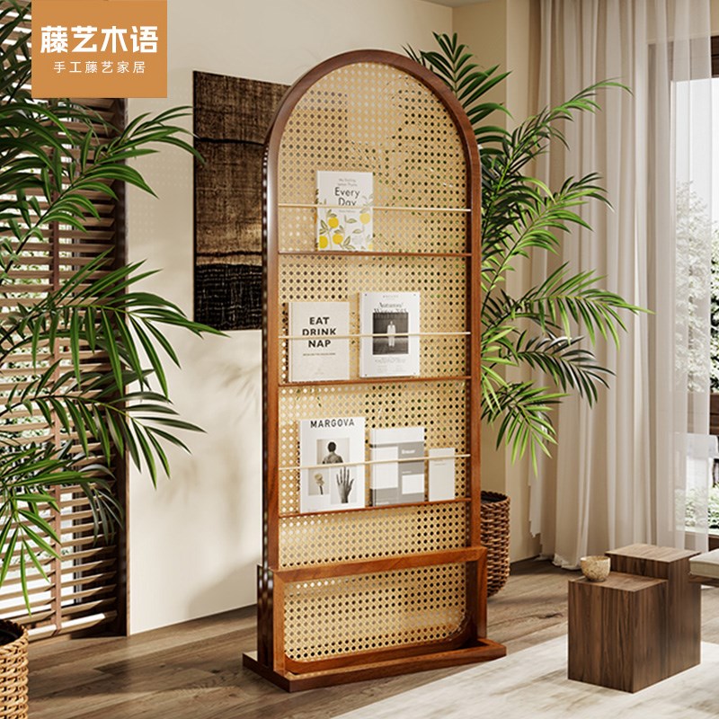 实木藤编屏风隔断客厅遮挡入户正对门玄关折叠可移动简约杂志书架