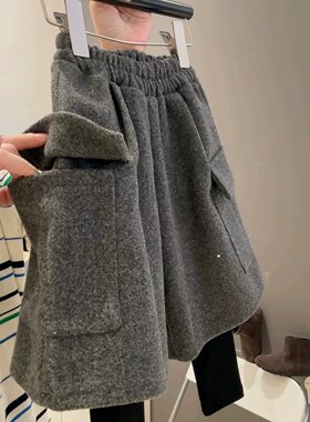 女童秋冬新款假两件毛呢工装裤