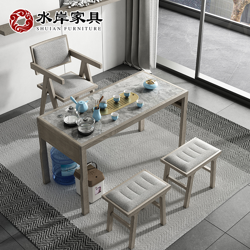 现代简约小户型白蜡木岩板家用茶台阳台茶桌椅组合灰色小户型茶几