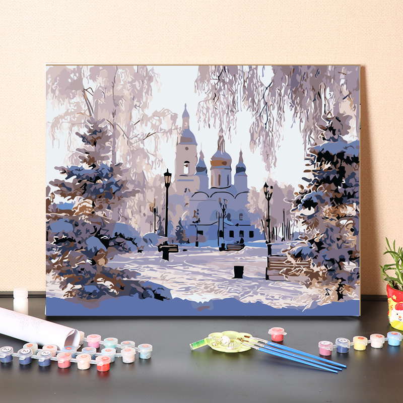 数字油画diy填充解闷手工填色森林山川小屋冬天雪景丙烯油彩画画