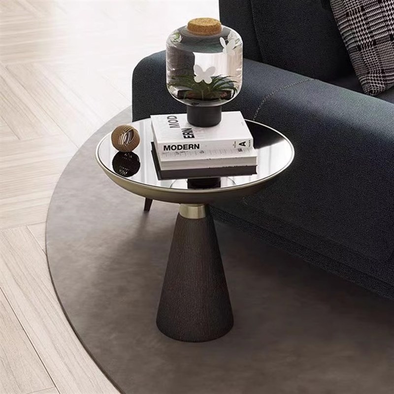 意式简约实木圆形沙发边几小户型别墅阳台钢化玻璃面设计师小茶几