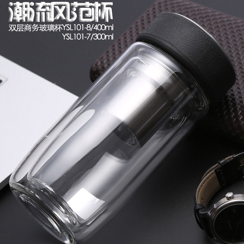 溢水龙双层玻璃杯男商务水晶杯隔热泡茶杯过滤杯子便携车载水杯