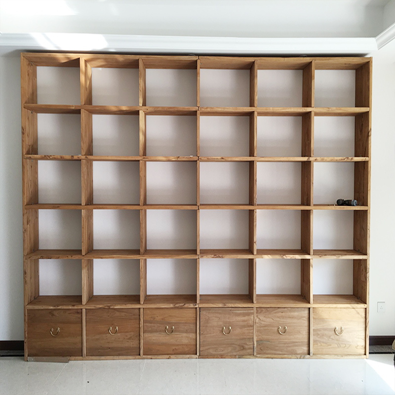 定制老榆木书架书柜纯实木原木格子架满墙书架漫咖啡隔断落地置物