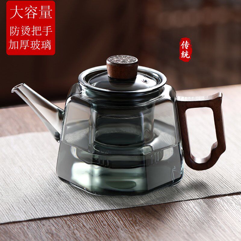 玻璃茶壶加厚耐高温防烫实木把手八角壶家用茶水分离可加热煮茶壶