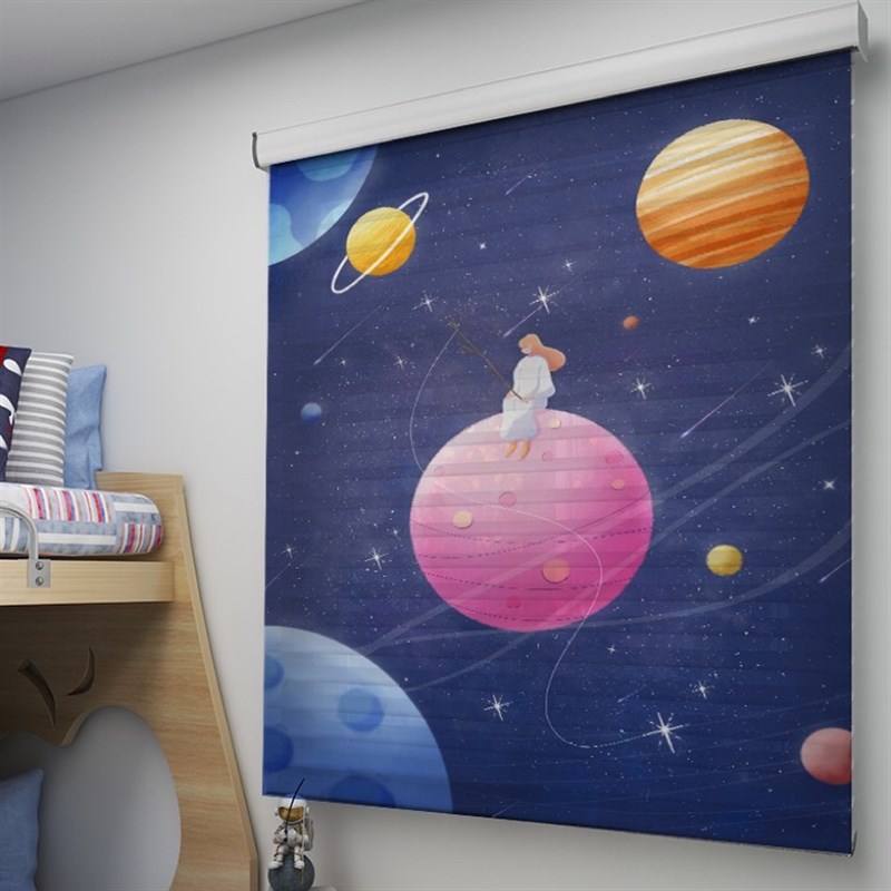 卡通儿童房柔纱帘卷帘宇航员香格里拉帘遮光升降免打孔百叶窗帘