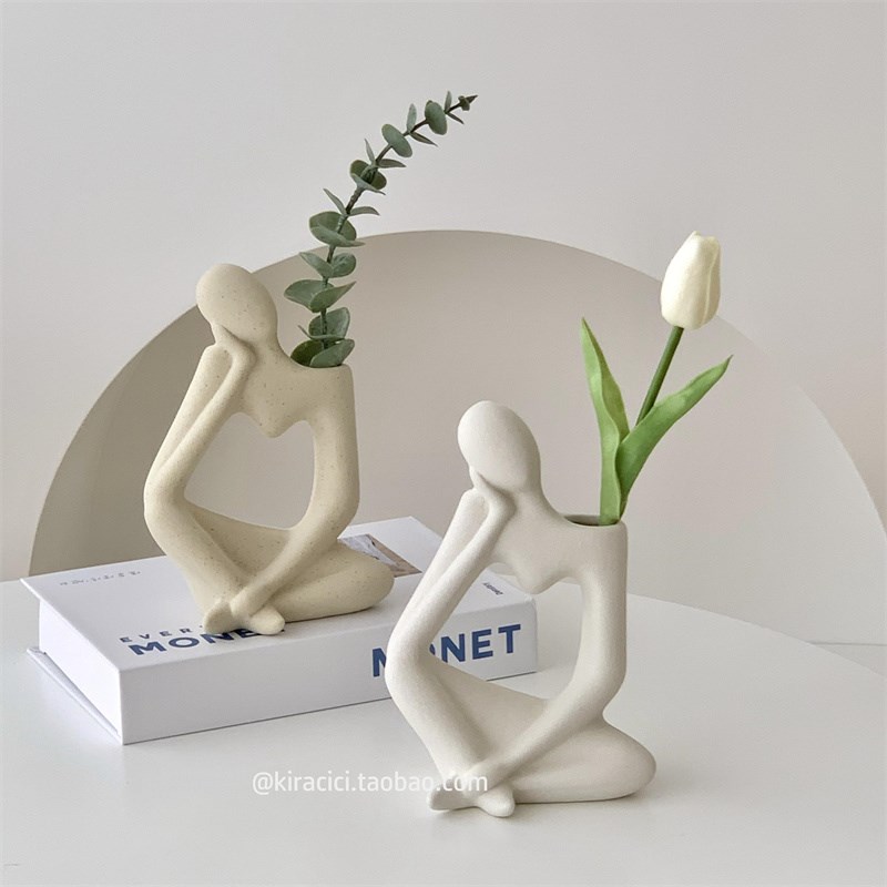 抽象艺术人物思考者水养鲜花花瓶客厅假花插花装饰品陶瓷花器摆件