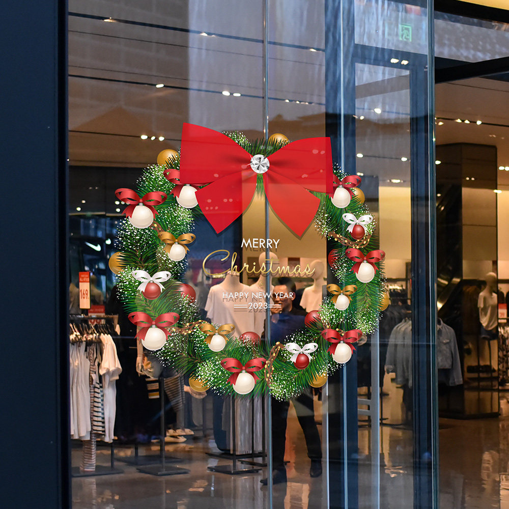 2024耶诞花环玻璃门贴画氛围橱窗贴纸布置装饰品无胶静电贴纸特大