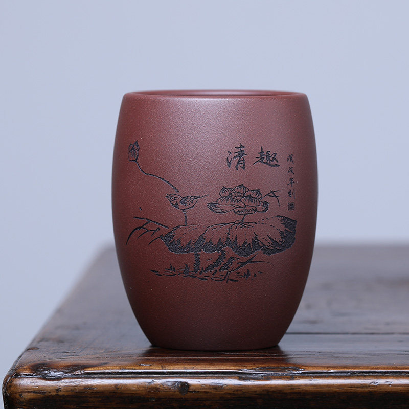 紫砂功夫茶杯单杯 宜兴紫泥刻绘主人品茗杯 大号茶碗复古个人杯子