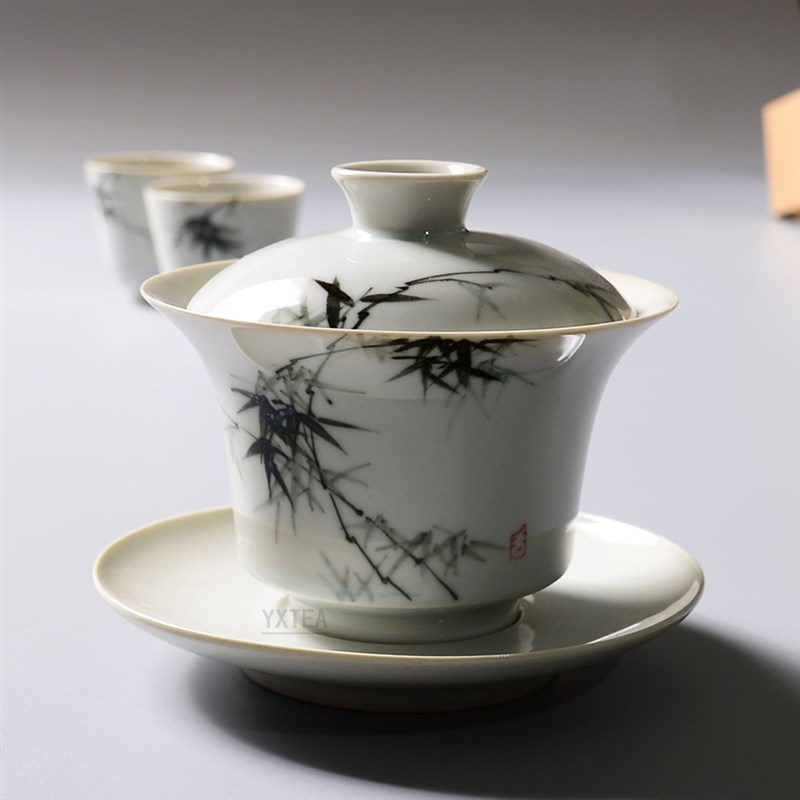 仿古粗陶手绘竹韵盖碗大号陶瓷三才杯功夫茶盖碗草木灰泡茶盖碗
