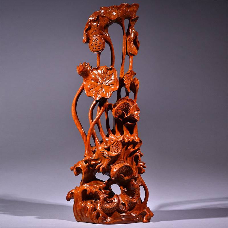 花梨木雕刻工艺品年年有余根雕摆件红木家居装饰工艺品乔迁送礼