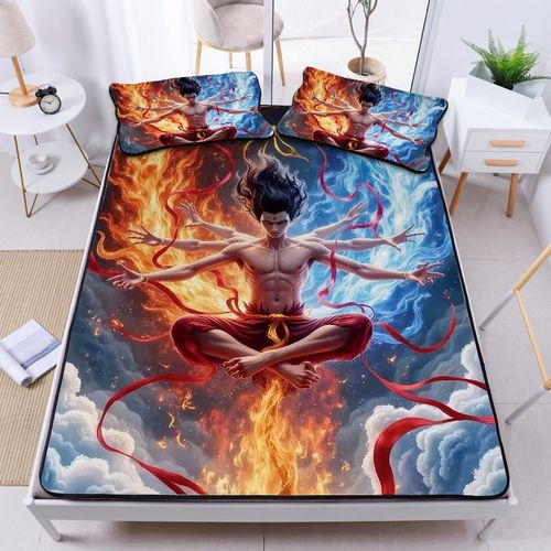 儿童卡通哪吒夏季冰丝凉席三件套1.5m床学生宿舍凉席子可折叠水洗