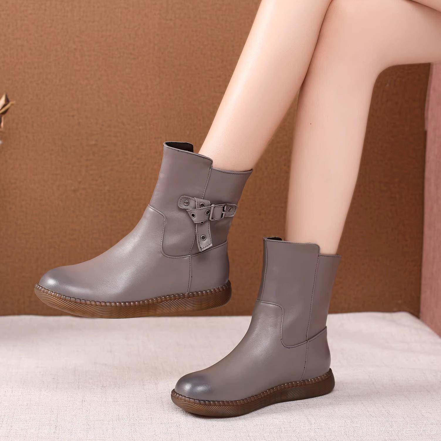 高档真平底短靴皮女204新款秋冬休季闲孕妇软皮2软底女鞋妈妈加绒