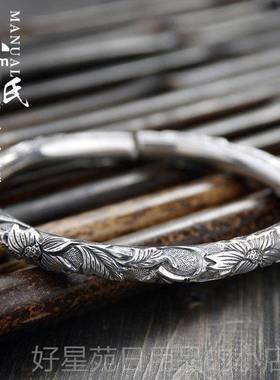 高档民族风99银纯手云莲南雪花工足银圆柱满雕花银镯个性女款纯银