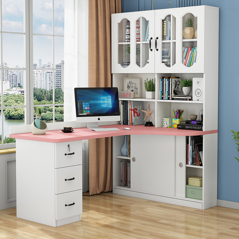简约实木转角书桌书架一体书柜台式电脑桌家用儿童学生学习桌