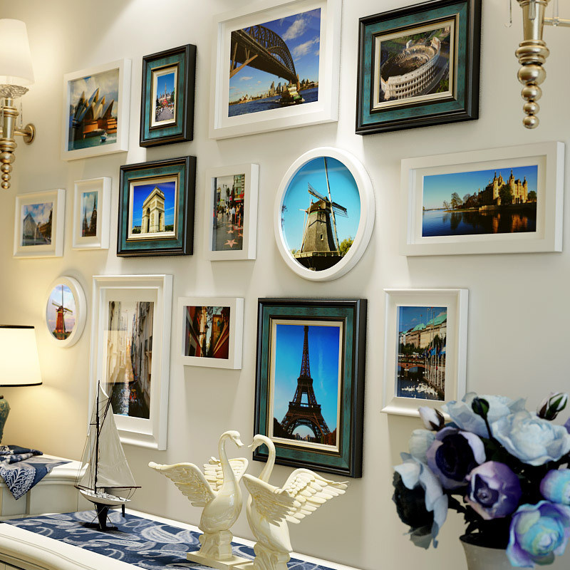 地中海照片墙实木现代简约相框墙拐角欧式复古婚纱照背景墙客厅