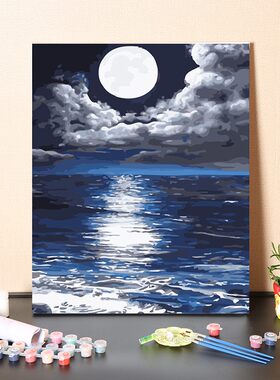 数字油画diy填充手工海上明月风景画填色圆月亮涂色丙烯油彩画画