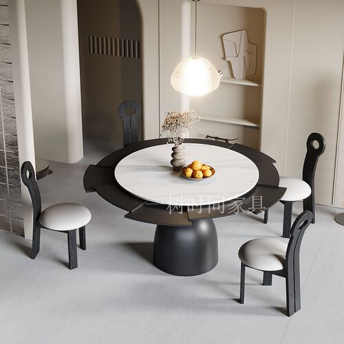 法式复古旋转变径圆桌家用小户型岩板圆形伸缩变形餐桌带转盘定制