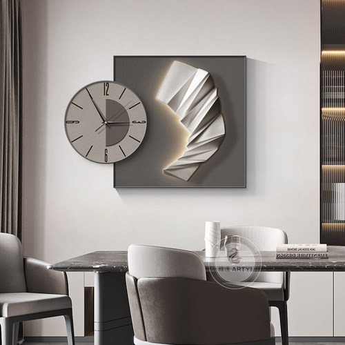 现代简约餐厅装饰画带钟表高级感几何抽象客厅挂画极简风饭厅壁画