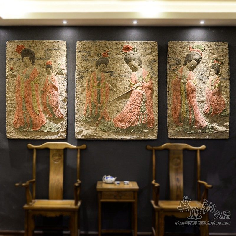 创意中式复古酒吧墙饰树脂立体浮雕无框画挂饰画挂件簪花仕女壁饰