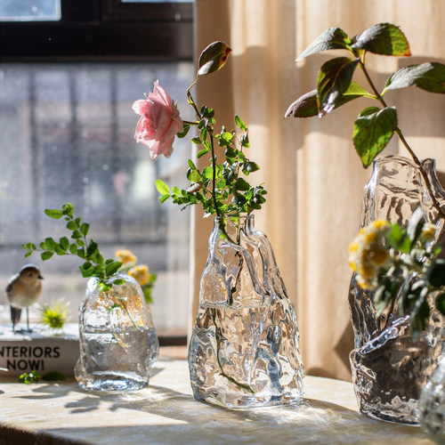 掬涵创意几何立体高级感不规则花瓶玻璃透明插花客厅餐桌艺术摆件