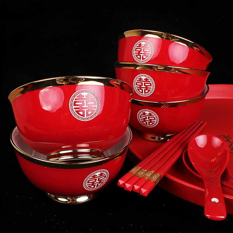 结婚喜字女方嫁妆新娘陪嫁酒红色喜碗对碗陶瓷红碗筷子勺子套装