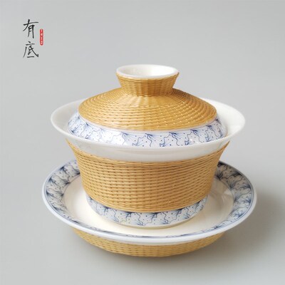 竹丝扣瓷盖碗茶具四川非遗瓷胎竹编青瓷盖碗套装商务送礼送外国人