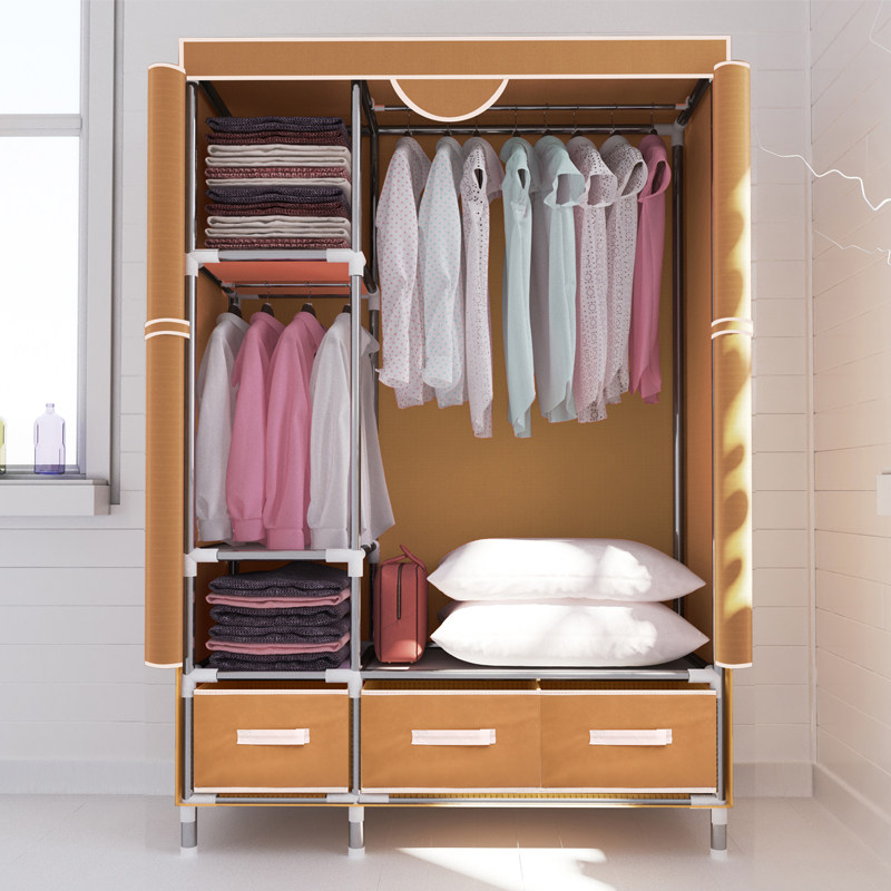 单人衣柜简易布衣柜子钢管加粗加固宿舍出租房拉链防尘衣橱带抽屉