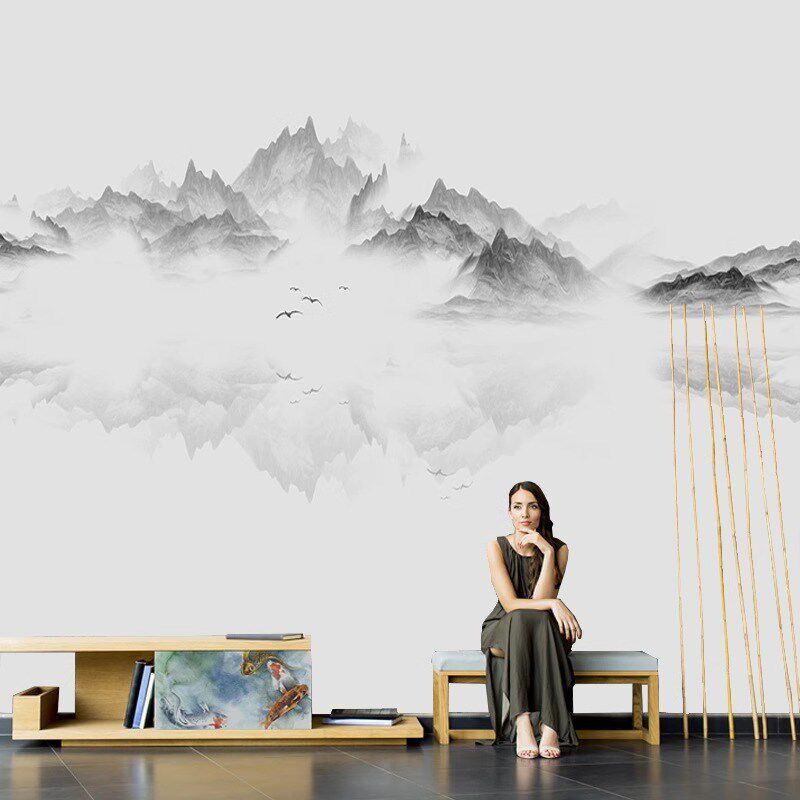现代中式意境水墨山水淡雅墙布客厅背景墙纸壁布书房环保定制壁画