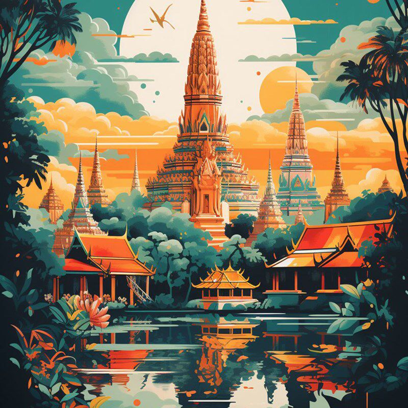 泰国风情数字油画艺术风手工解闷颜料涂色画画填色diy手绘丙烯画