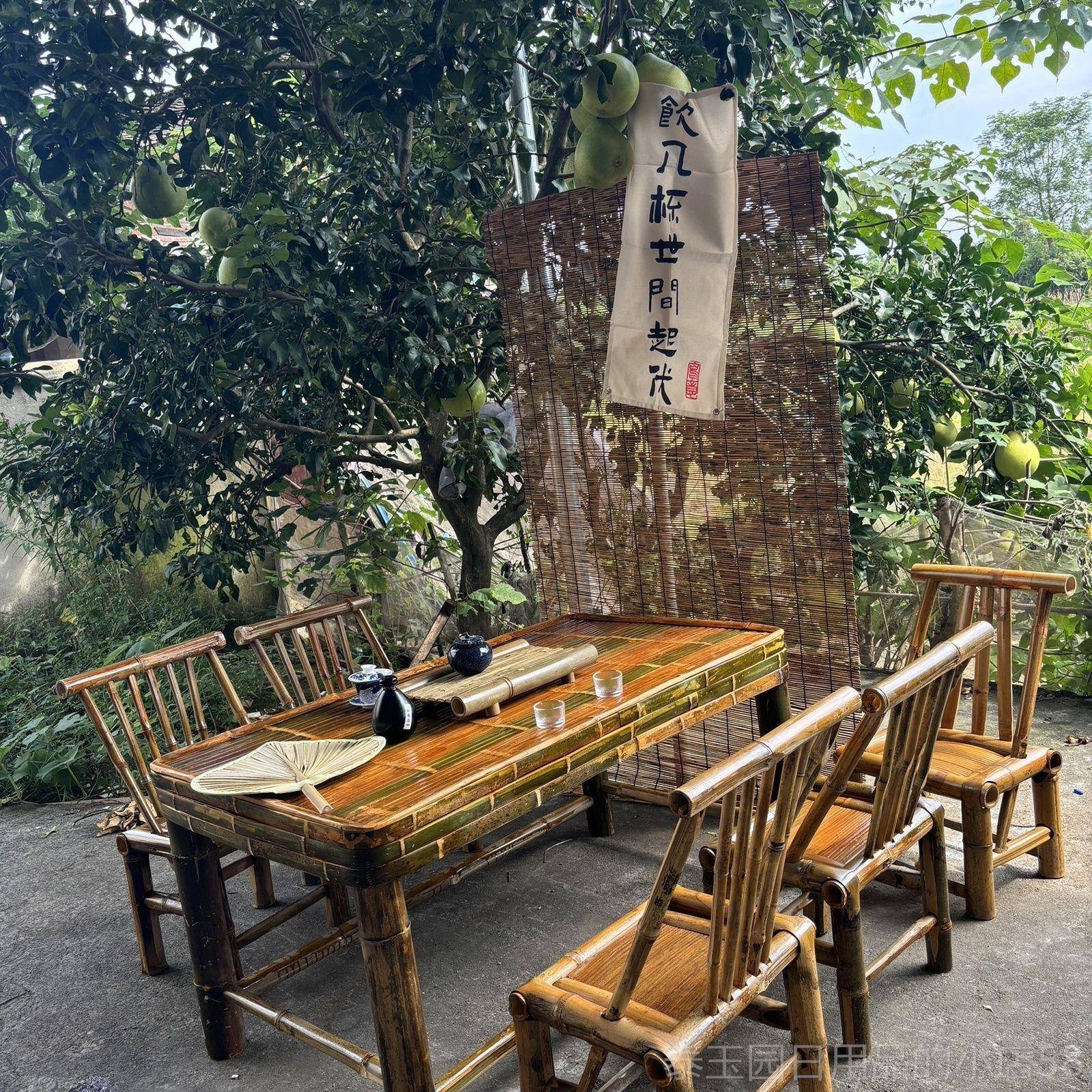 高档纯手工竹桌子茶桌碳餐茶几办公家庭桌院火化锅桌复古凳子用竹