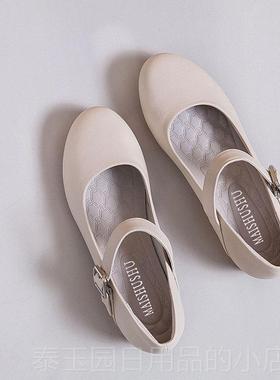 高档一字扣美圆头白色鞋护士女底船软鞋平底女鞋牛筋底皮鞋容院工