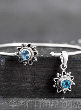 正品尼泊尔工925饰品托帕石手镯吊坠女个性银手錬 手覆创意古民族