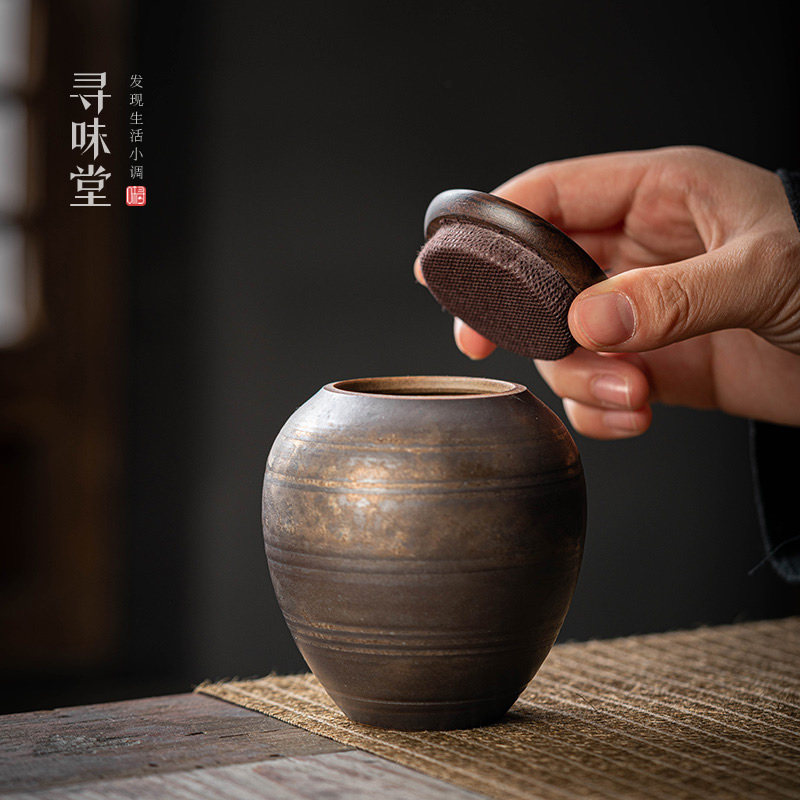 古铜釉粗陶小茶叶罐复古鎏金铁锈釉小号密封储茶罐木盖陶瓷茶具