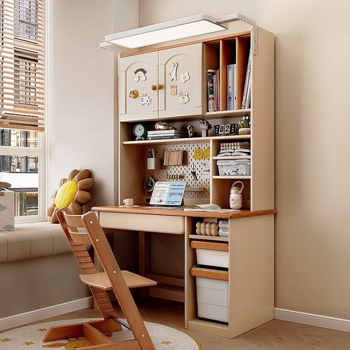 儿童学习桌台式电脑桌实木书桌书架一体桌子家用学生办公桌2025新