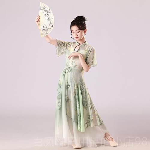 高档纱儿童古典舞服装身旗韵印花袍衣中国舞民族舞练功服蹈舞演出
