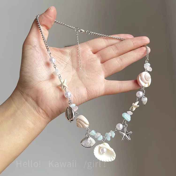 海星贝壳珍珠彩色串珠项链女海边度假风锁骨链夏天甜酷颈链配饰