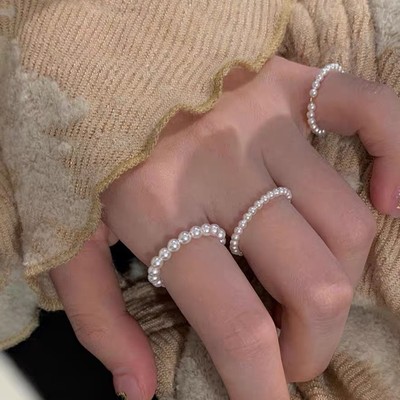 巷南925纯银施家珍珠戒指叠戴素圈指环小众高级女轻奢串珠食指戒