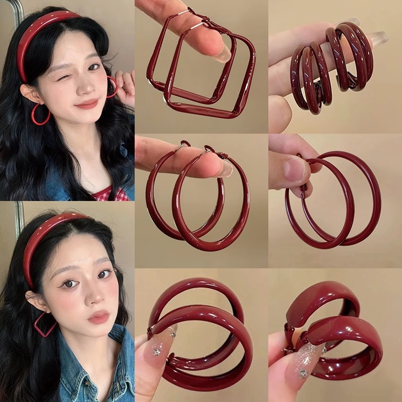 复古红色滴釉C型锆石耳钉女2025新款爆款高级感气质耳圈独特耳饰