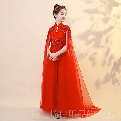 正品现货秒服发童儿古筝演出女童旗袍中国红喜庆舞台表服小女孩学