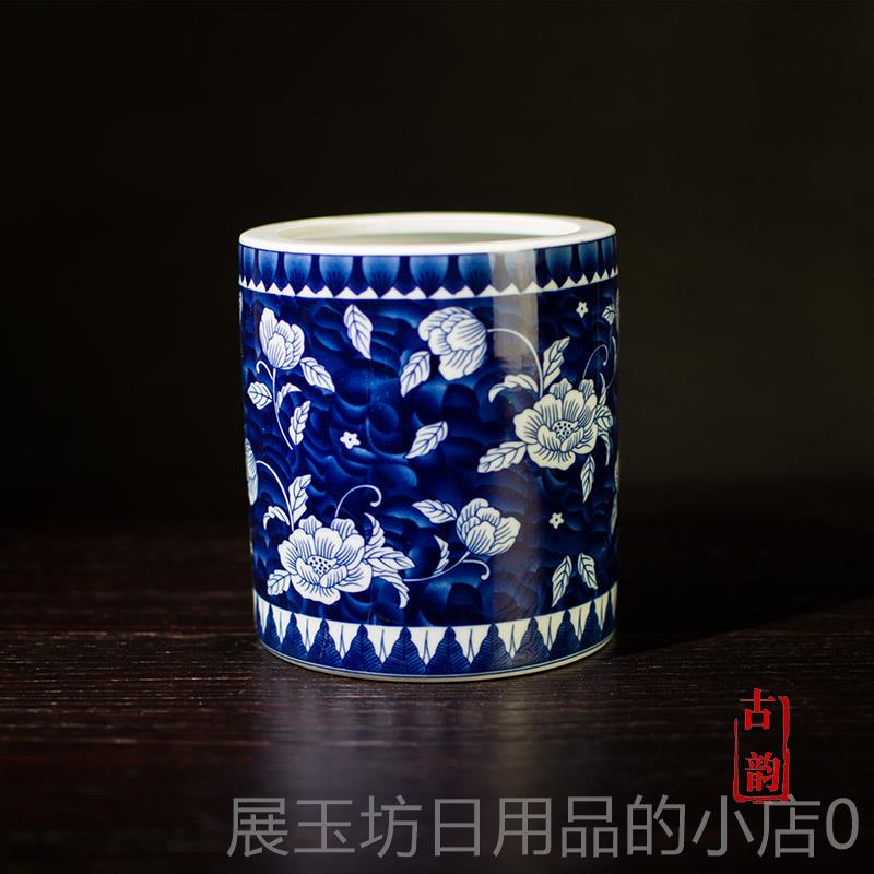 高档景桌镇陶德瓷青花瓷筒文房古典美术笔画 画筒创意办公桌书收