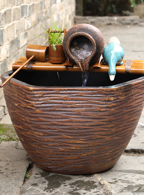 竹子流水器树脂陶罐水缸过滤器养鱼缸增氧流水摆件循环水田园装饰