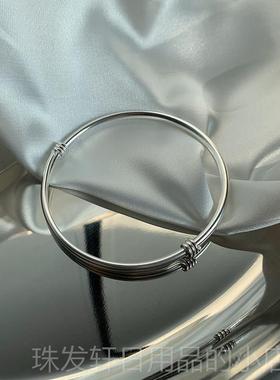 高档一十七手作 99足9银实心手镯 安喜乐财纳福铃铛纯银手平环现