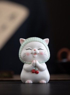 可爱卡通陶瓷招财许愿猫咪小摆件客厅办公室桌面装饰汽车载工艺品