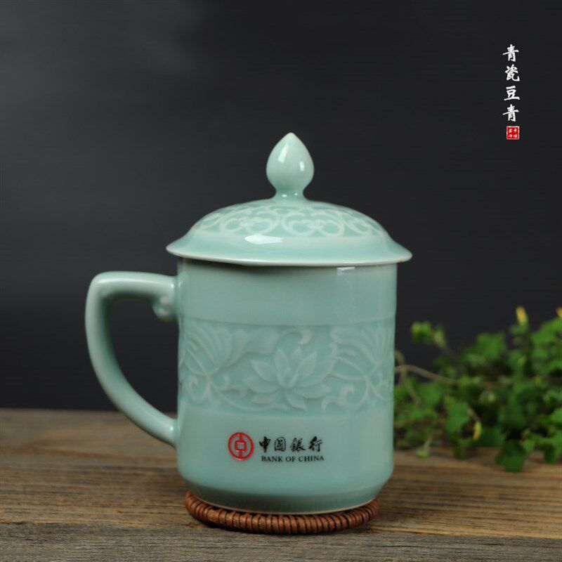 龙泉窑青瓷陶瓷带盖茶杯精品办公室家用礼品批量刻字定制泡茶杯子