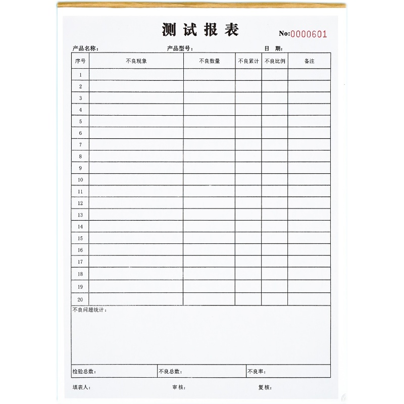 成品品质测试报表一二三联产品检验不合格品记录表不良问题统计表