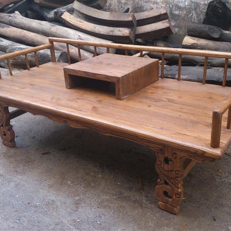 明清古典家俱榆木实木床午睡床单人小罗汉床炕几经济型雕花仿古床