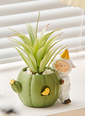 可爱治癒系动物小花盆家用办公室桌面装饰品仿真多肉植物盆栽摆件